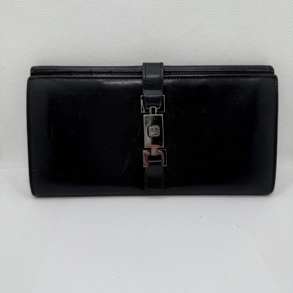 GUCCI Jackie Black Leather Piston Long Wallet Authentic Y2k